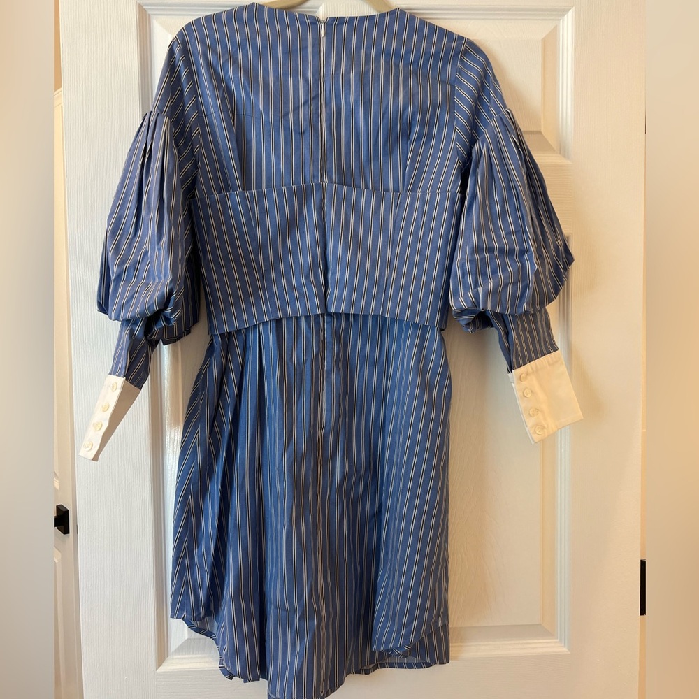 Sea New York Blue Pinstripe Long Sleeve Puff-Sleeve Dress with White Cuffs - Picture 6 of 11